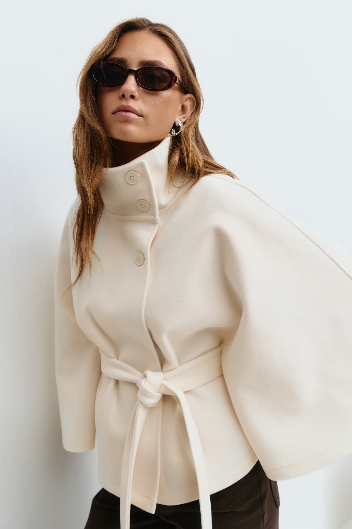 Women Cape Coat High Collar Belted Jacket
