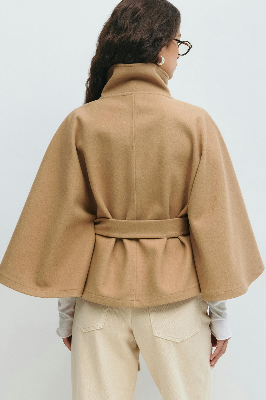 Women Cape Coat High Collar Belted Jacket