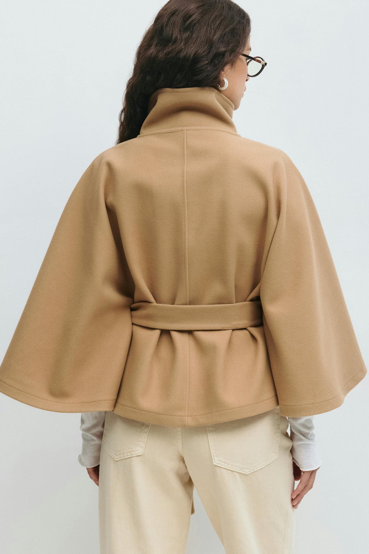 Women Cape Coat High Collar Belted Jacket