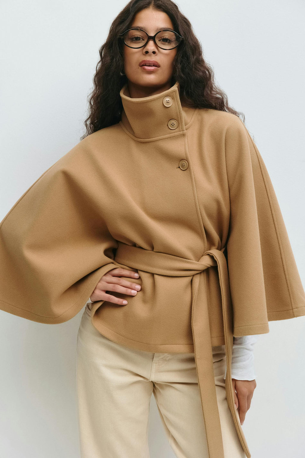 Women Cape Coat High Collar Belted Jacket
