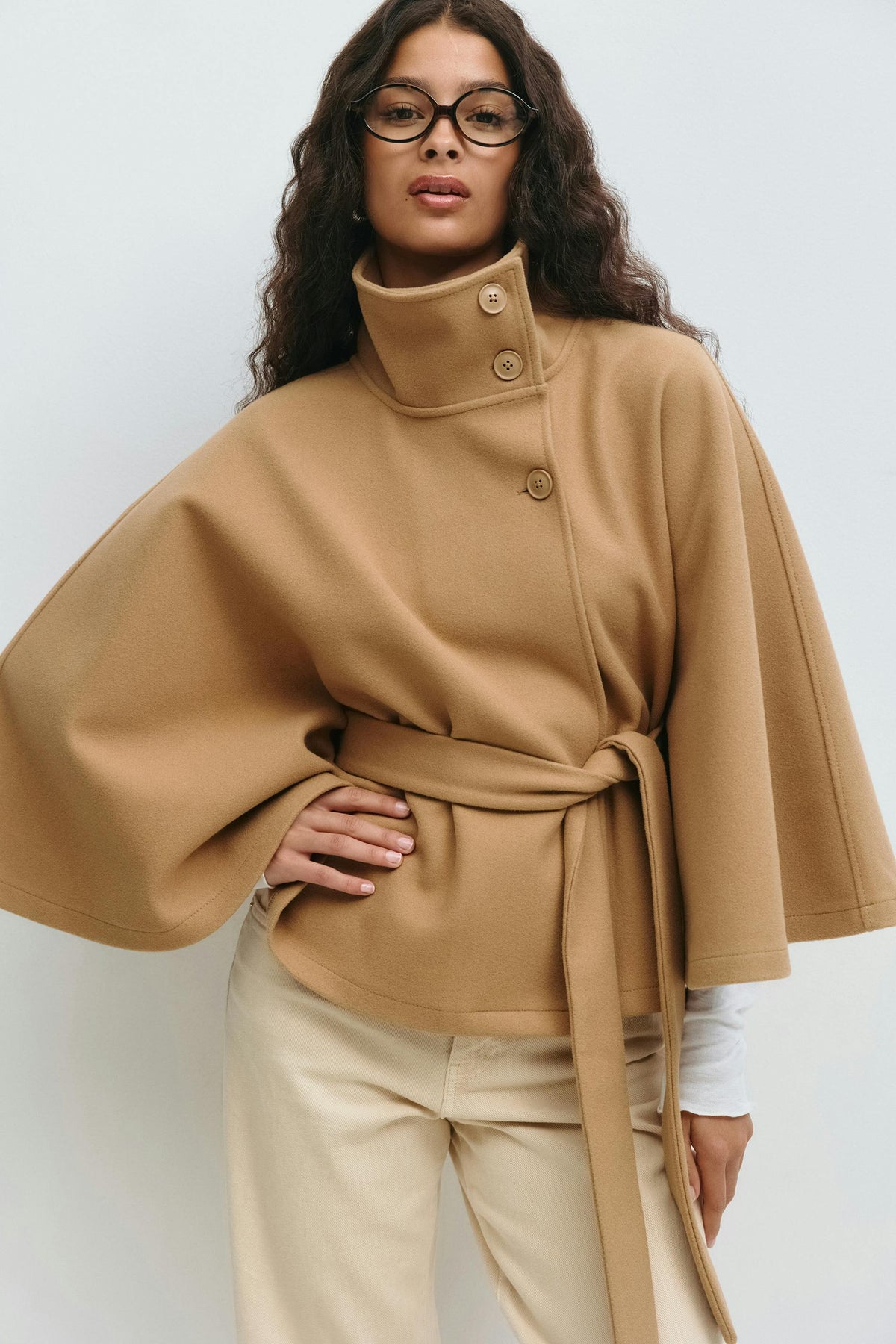 Women Cape Coat High Collar Belted Jacket