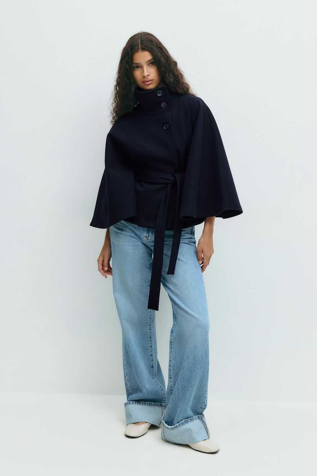 Women Cape Coat High Collar Belted Jacket