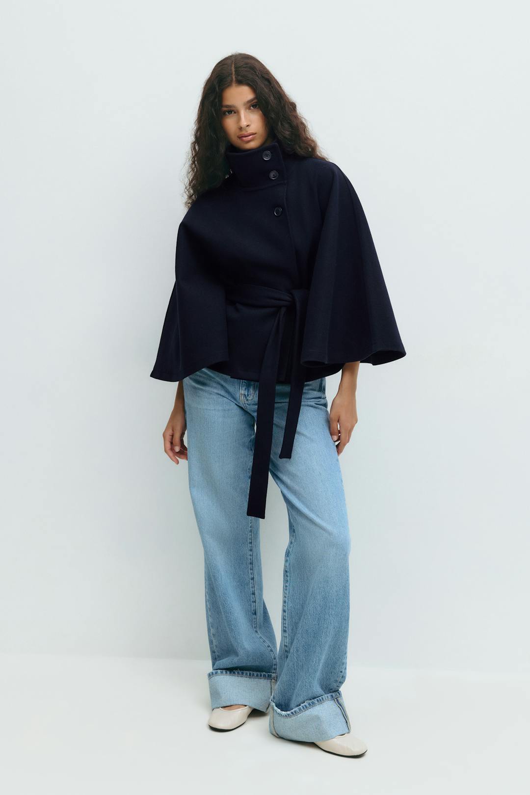 Women Cape Coat High Collar Belted Jacket