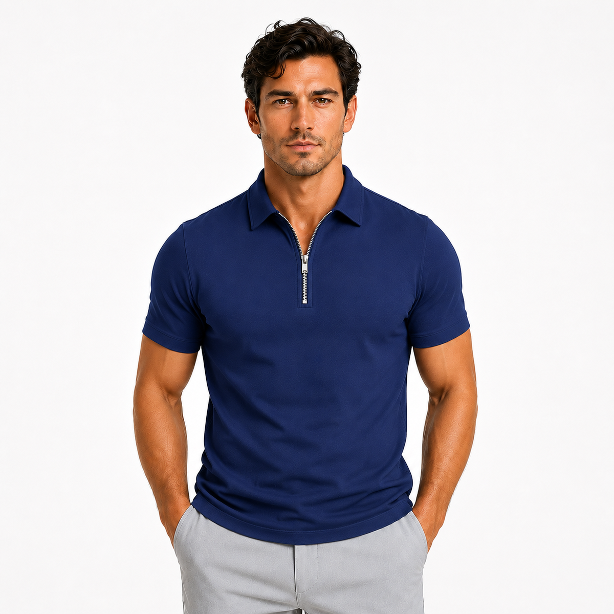 Men's Zip-Neck Slim-Fit Polo Shirt