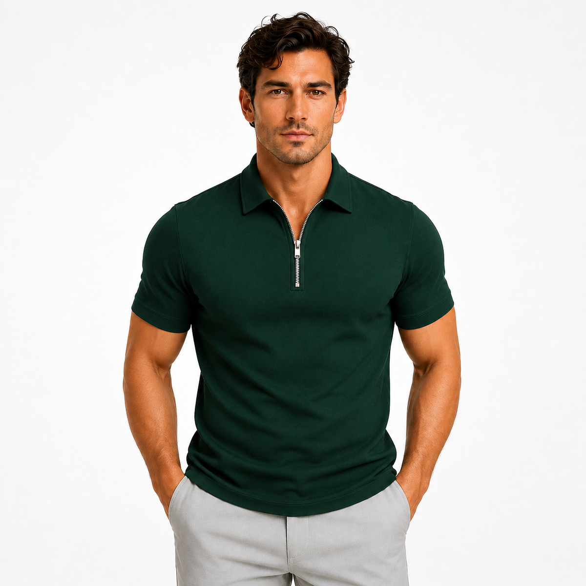 Men's Zip-Neck Slim-Fit Polo Shirt