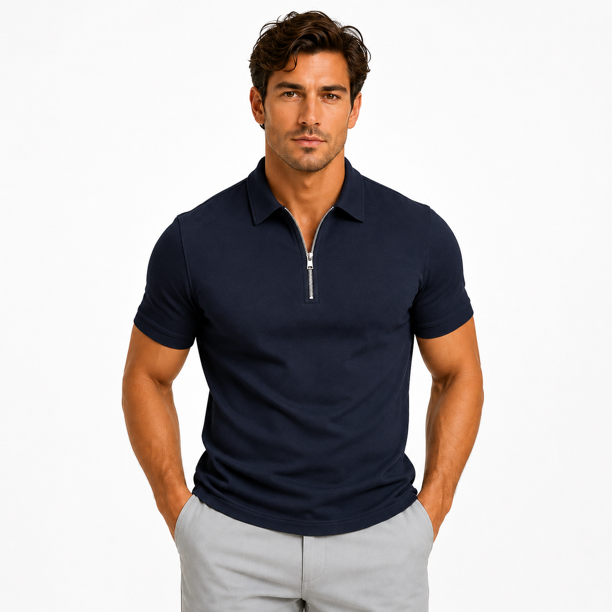 Men's Zip-Neck Slim-Fit Polo Shirt