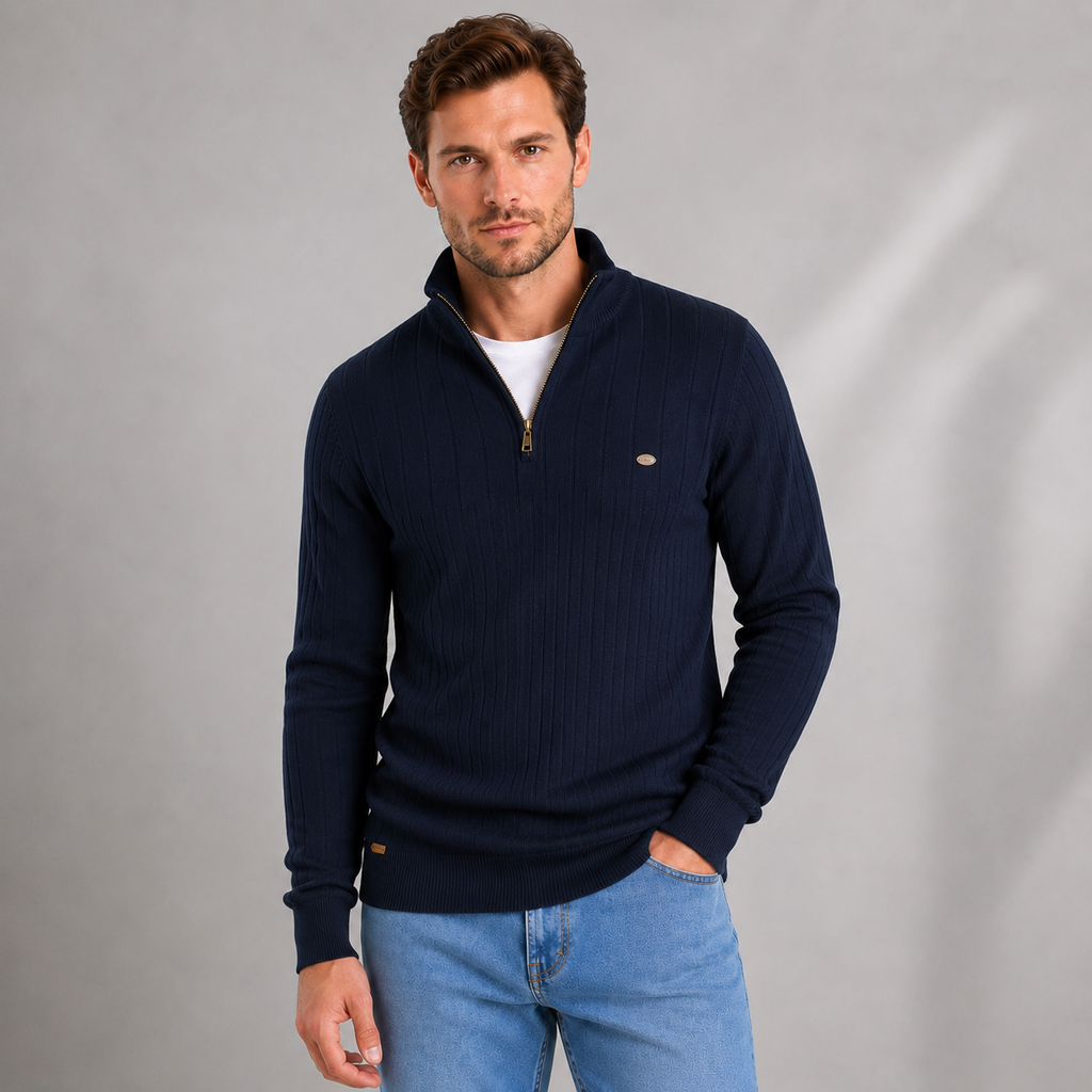Men's Ribbed Quarter Zip Funnel Neck Jumper