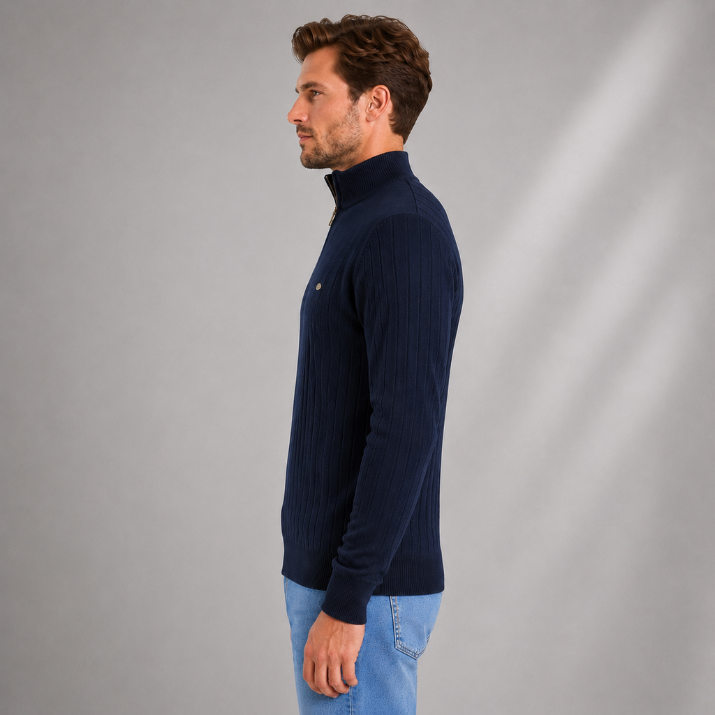 Men's Ribbed Quarter Zip Funnel Neck Jumper