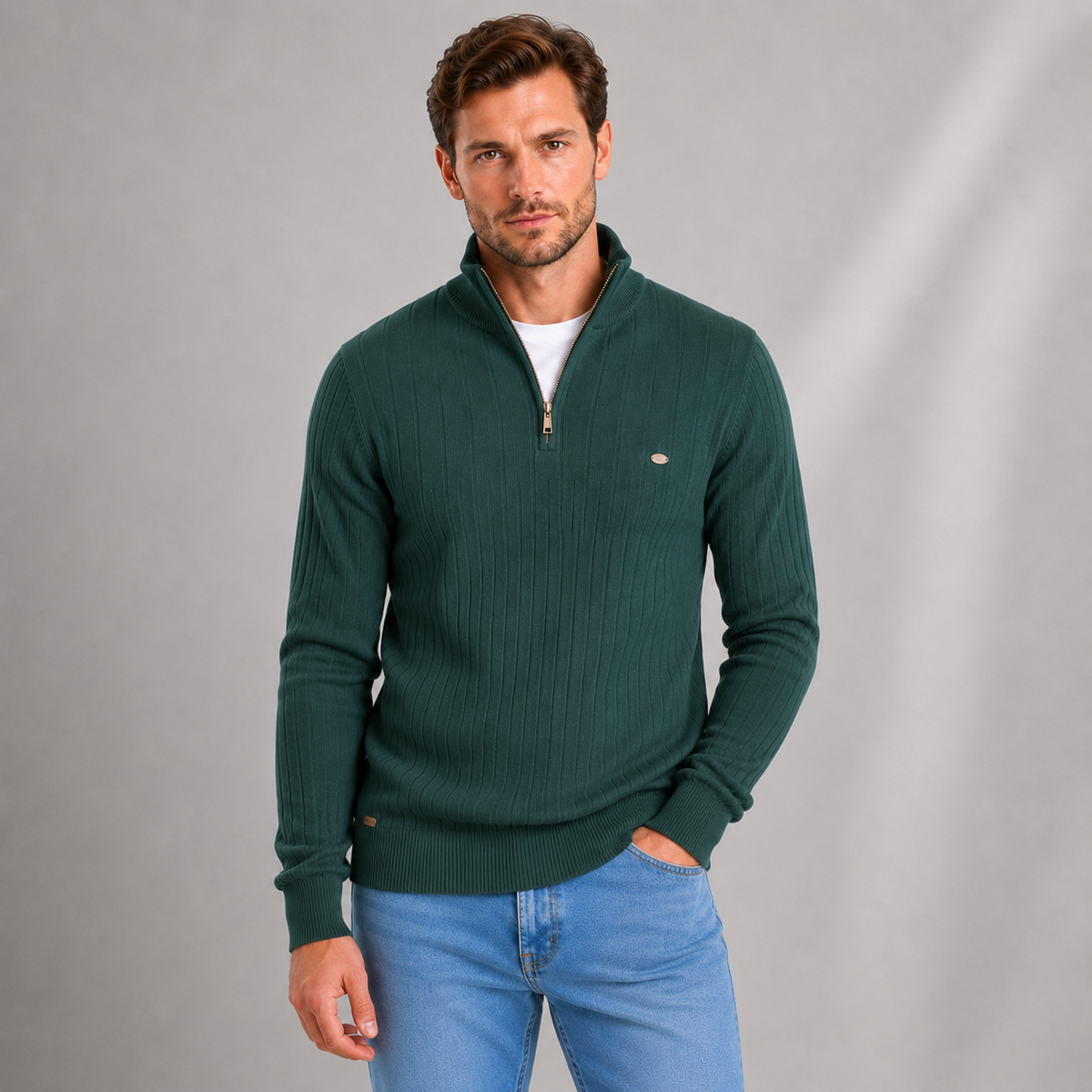Men's Ribbed Quarter Zip Funnel Neck Jumper