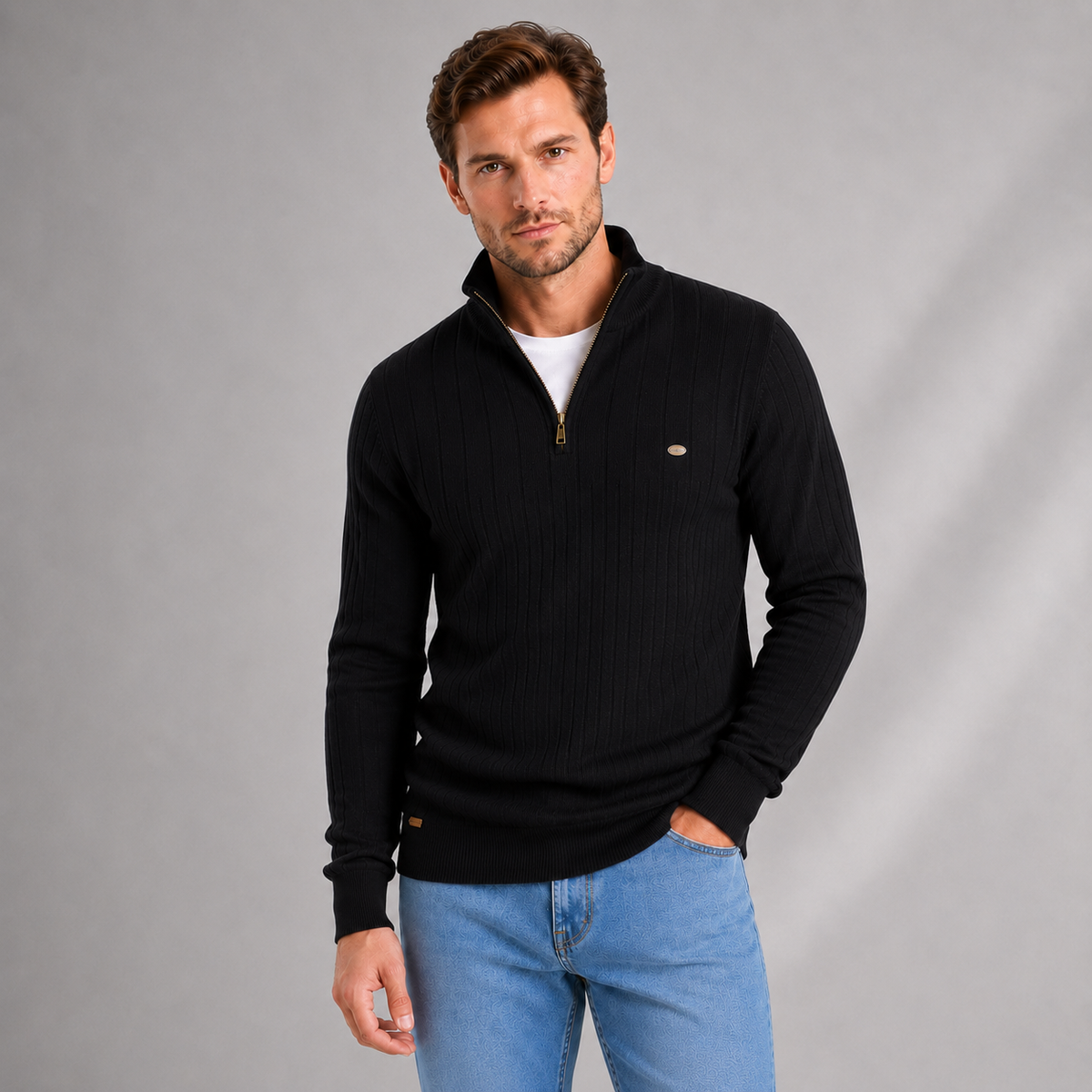 Men's Ribbed Quarter Zip Funnel Neck Jumper