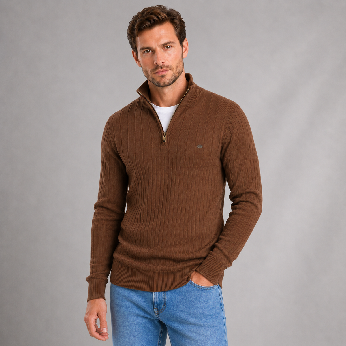 Men's Ribbed Quarter Zip Funnel Neck Jumper