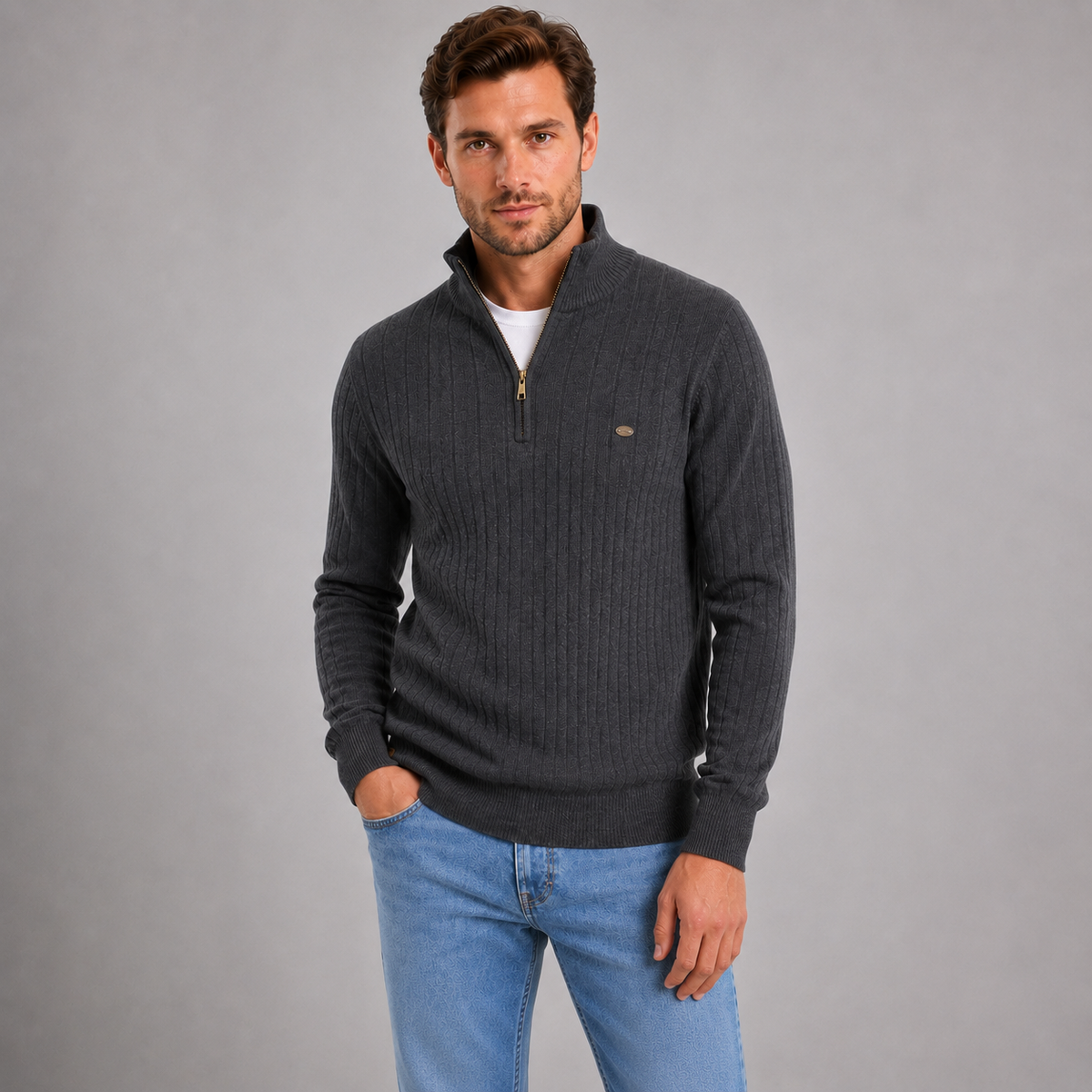Men's Ribbed Quarter Zip Funnel Neck Jumper