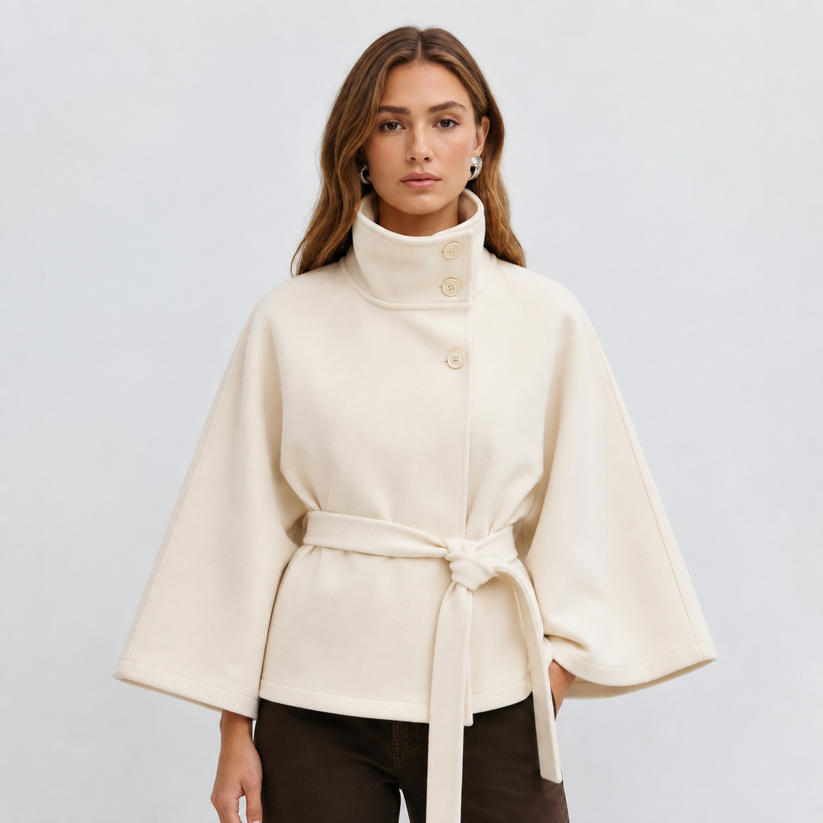 Women Cape Coat High Collar Belted Jacket