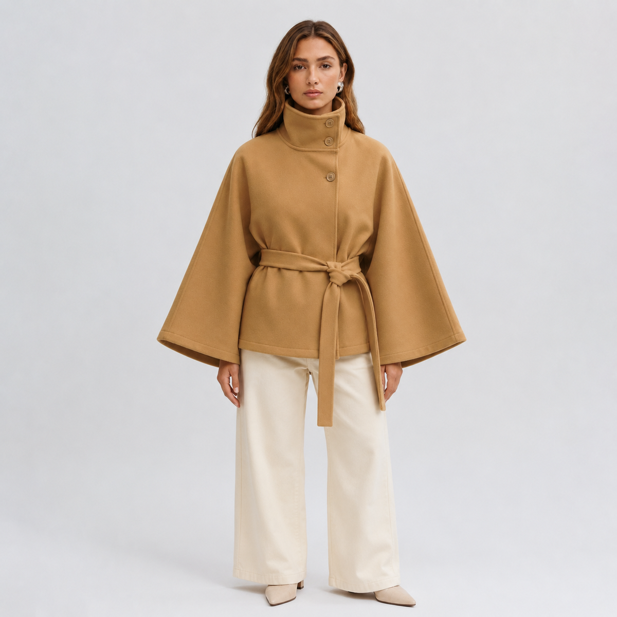 Women Cape Coat High Collar Belted Jacket