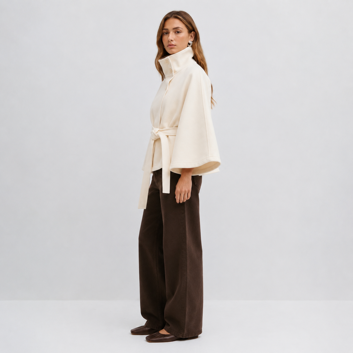 Women Cape Coat High Collar Belted Jacket