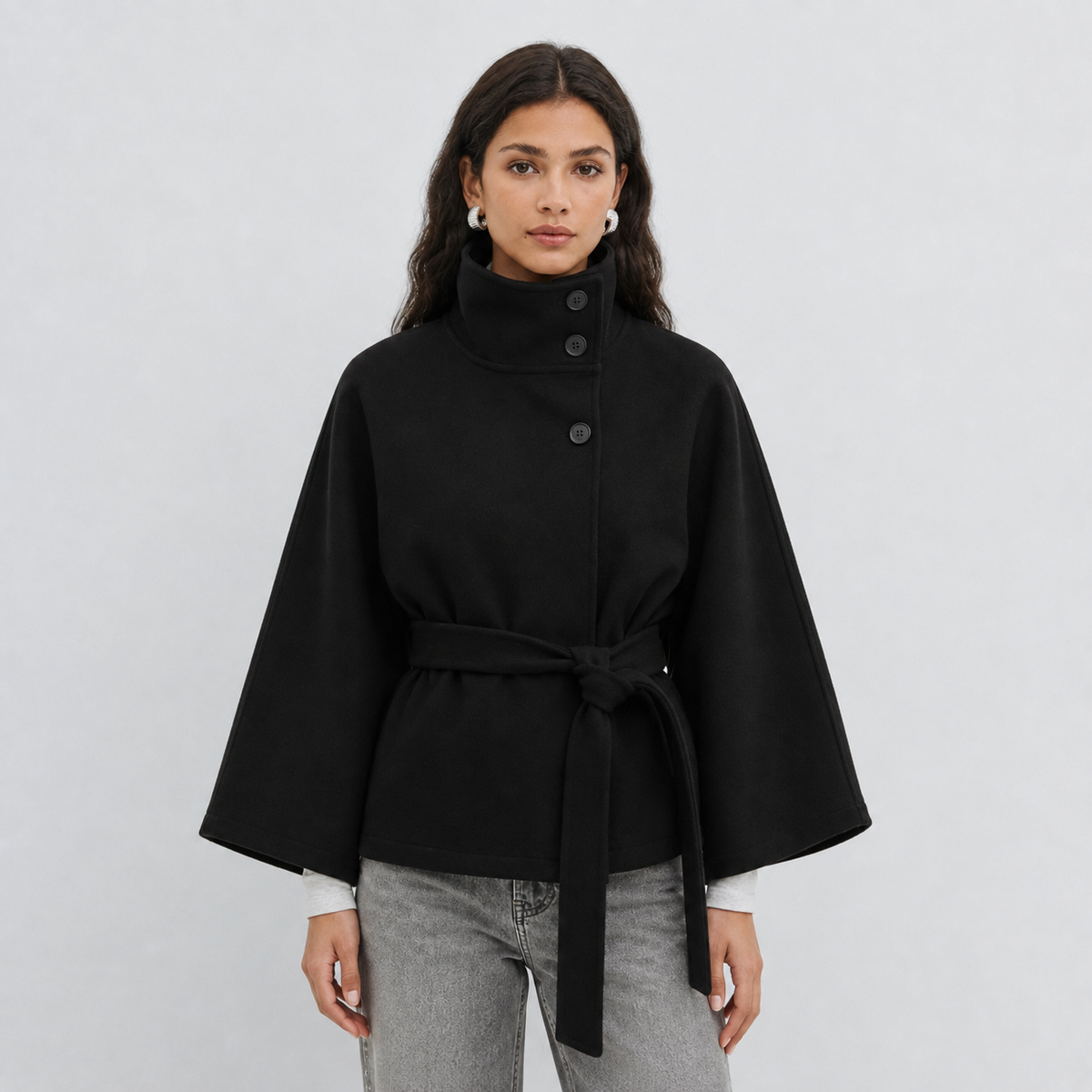 Women Cape Coat High Collar Belted Jacket
