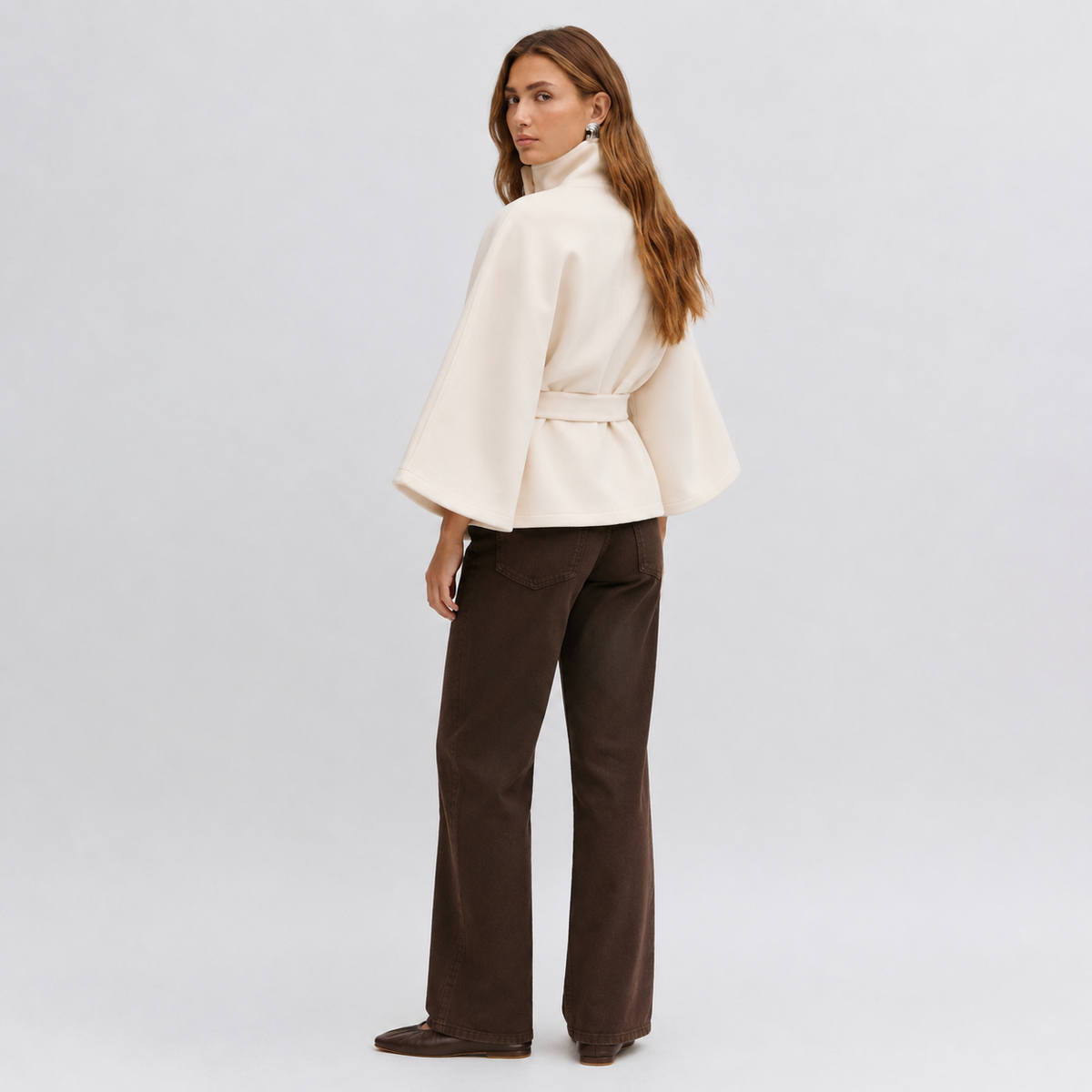 Women Cape Coat High Collar Belted Jacket