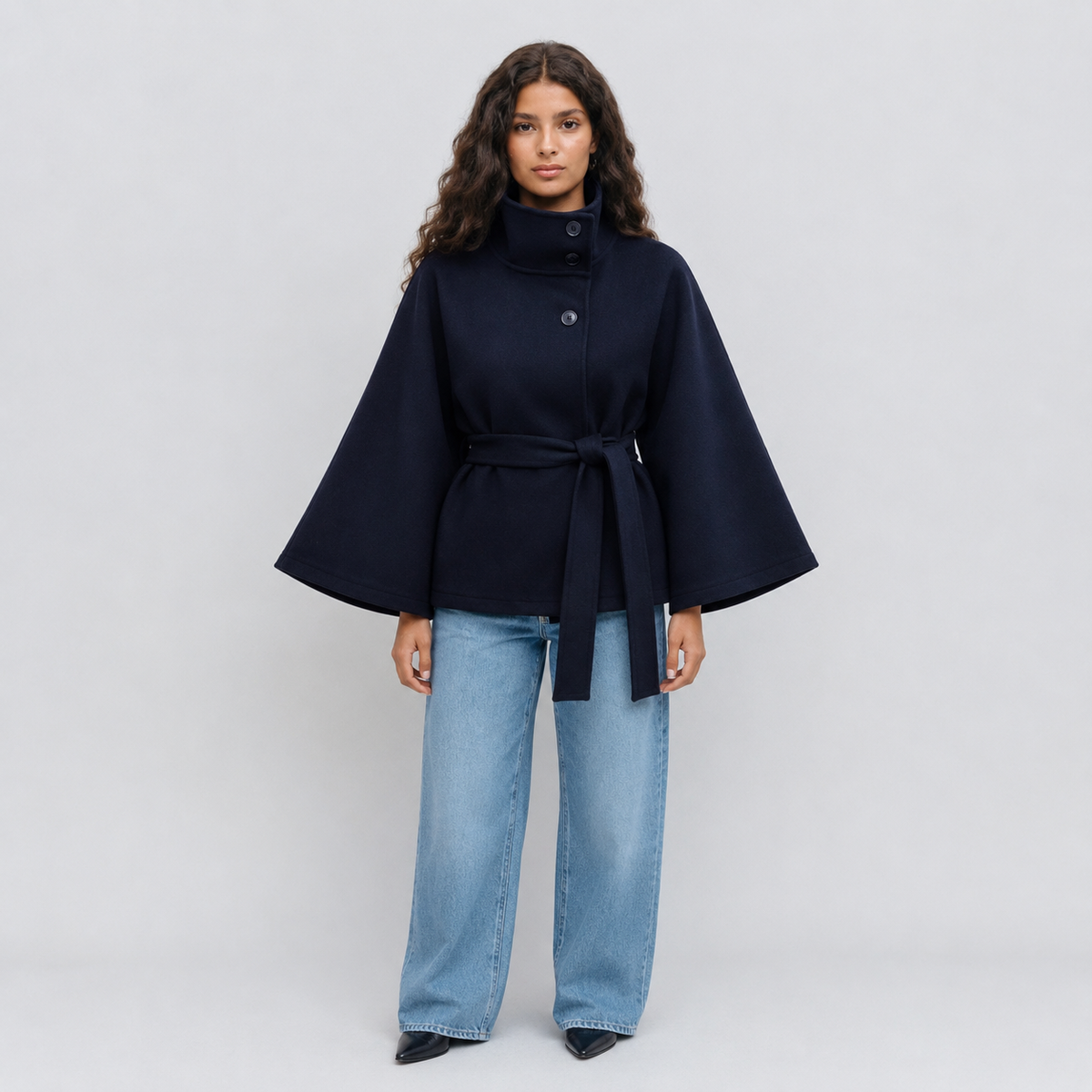 Women Cape Coat High Collar Belted Jacket
