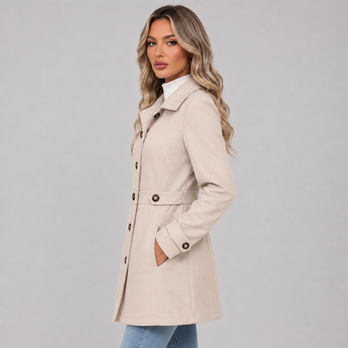 Women Belted Double Breasted Trench Jacket