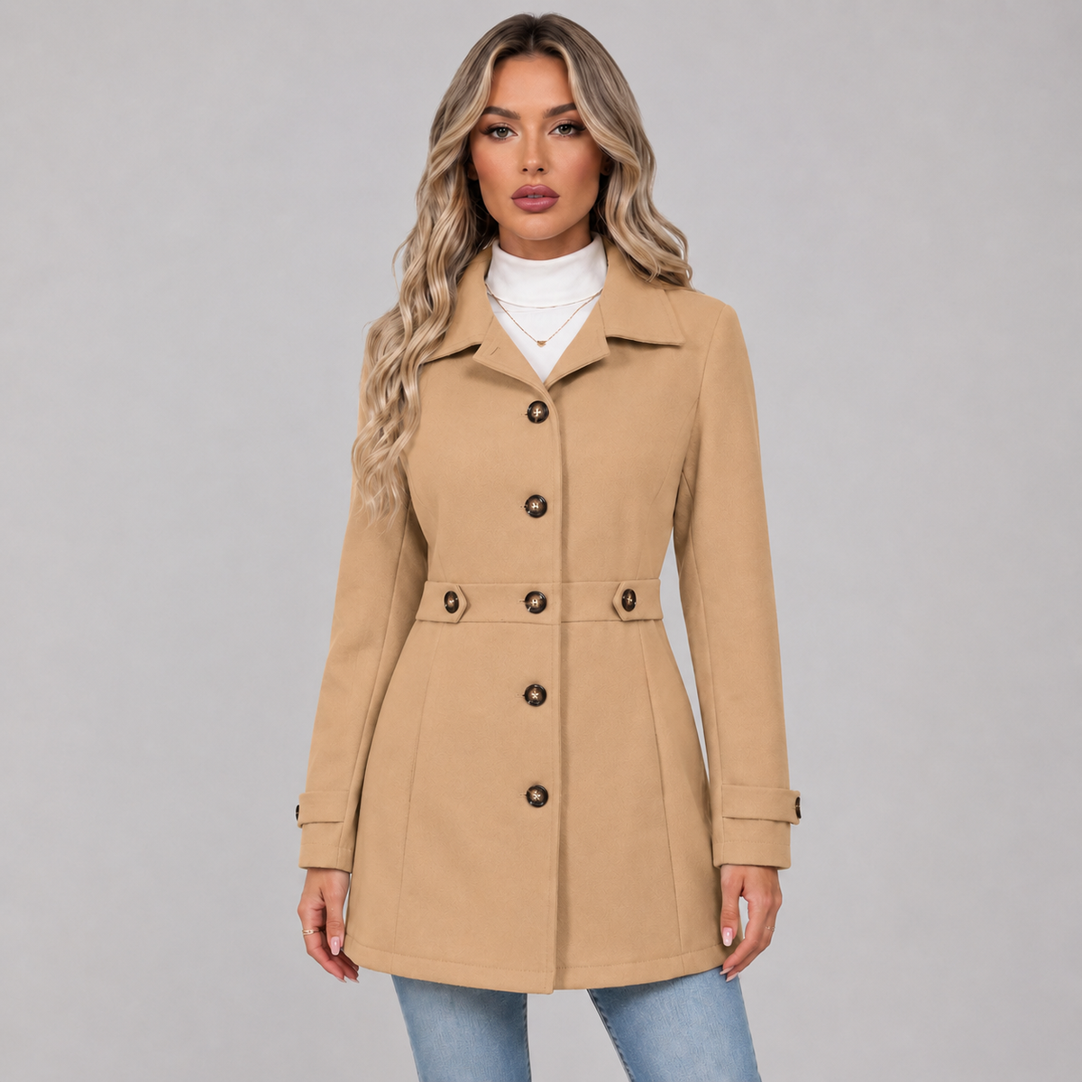Women Belted Double Breasted Trench Jacket