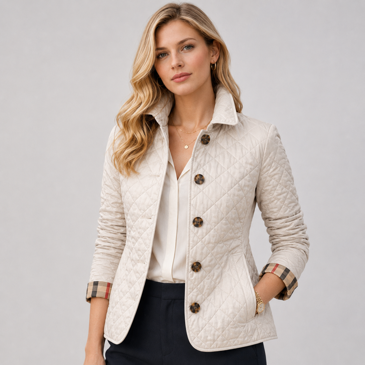 Women Quilted Collared Button Front Jacket