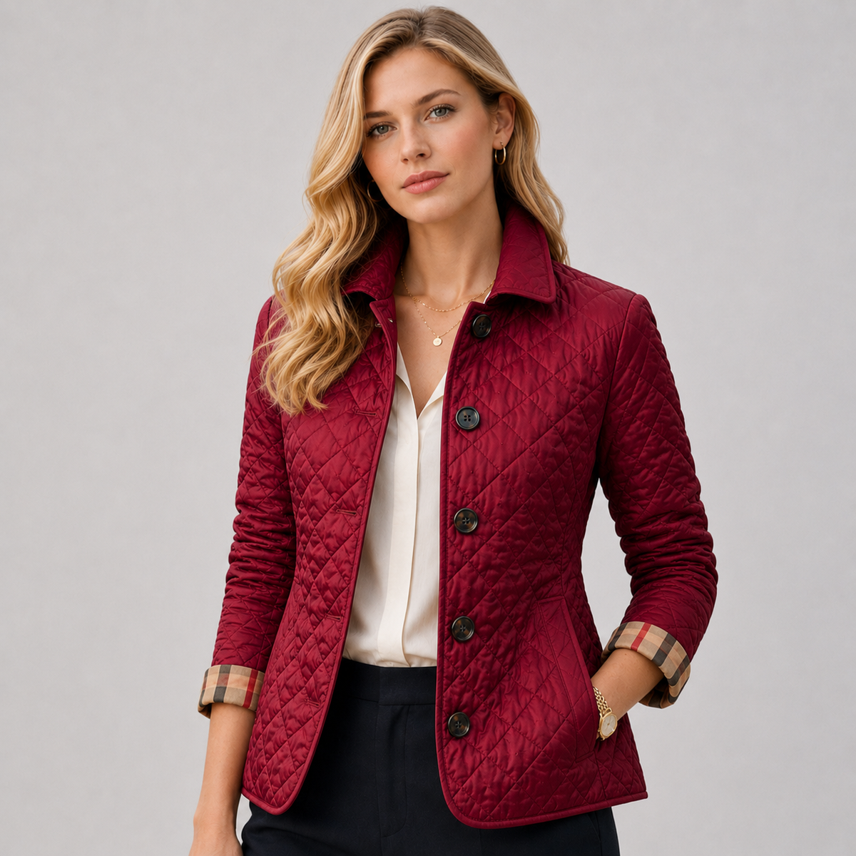 Women Quilted Collared Button Front Jacket