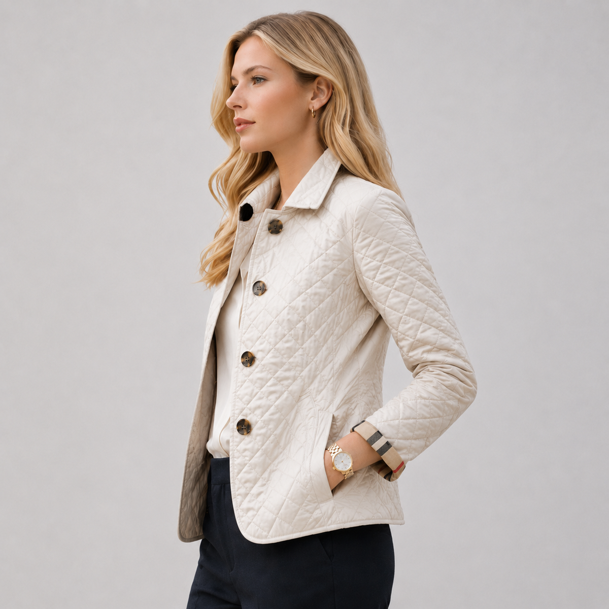 Women Quilted Collared Button Front Jacket