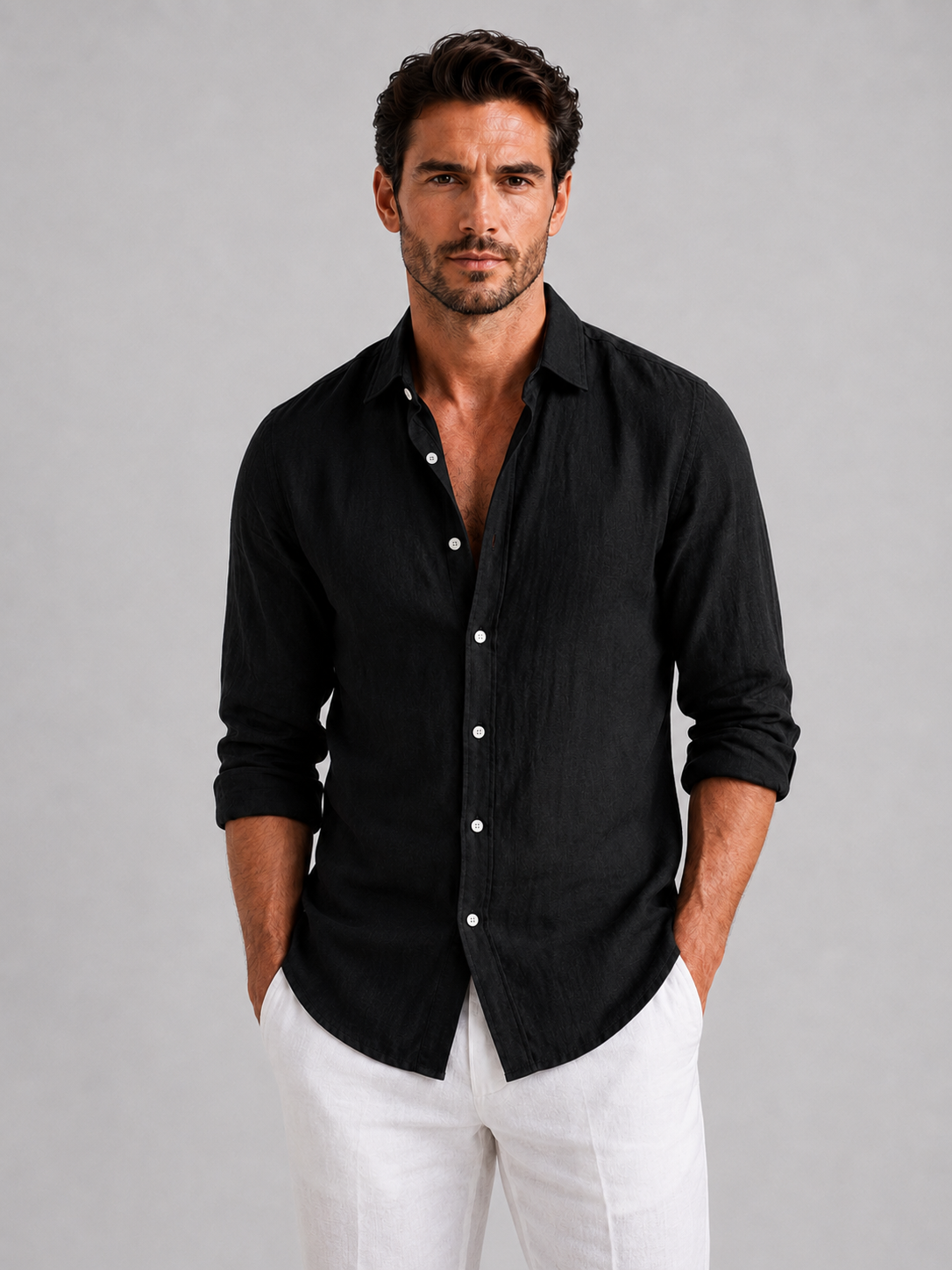Men's Linen Look Relaxed Fit Button-Up Shirt