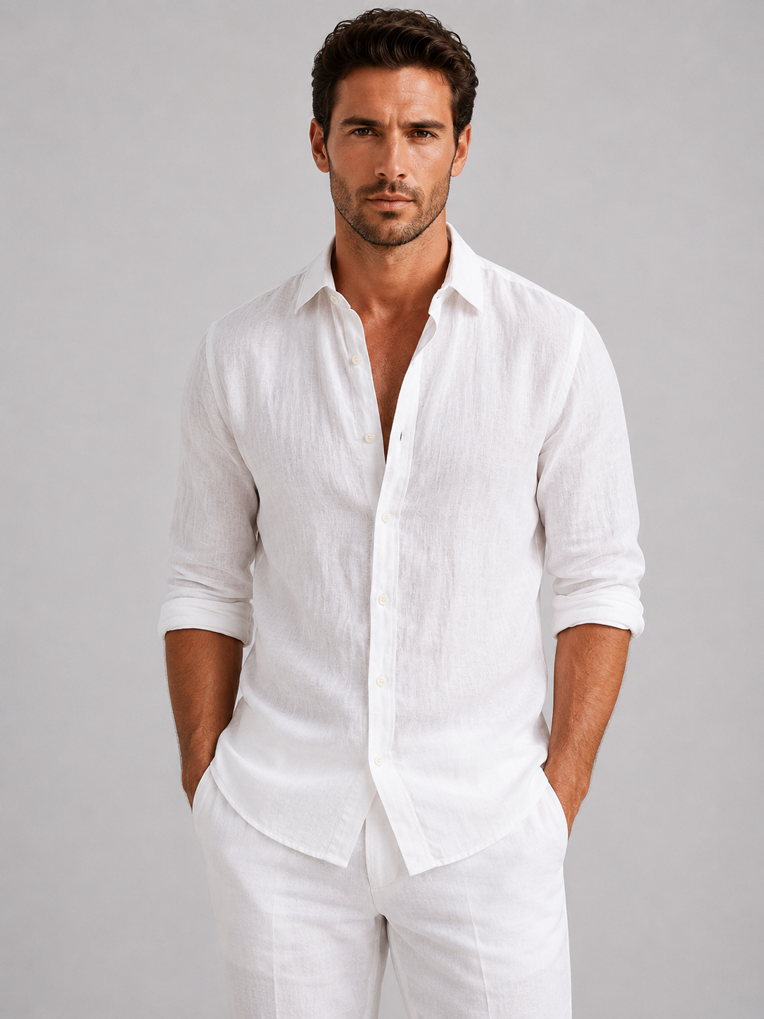 Men's Linen Look Relaxed Fit Button-Up Shirt