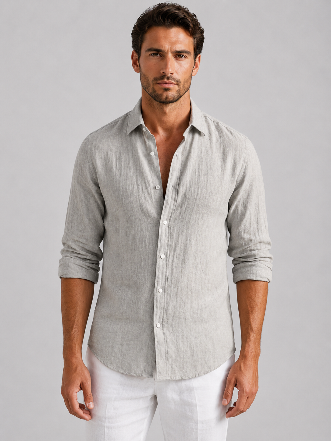 Men's Linen Look Relaxed Fit Button-Up Shirt