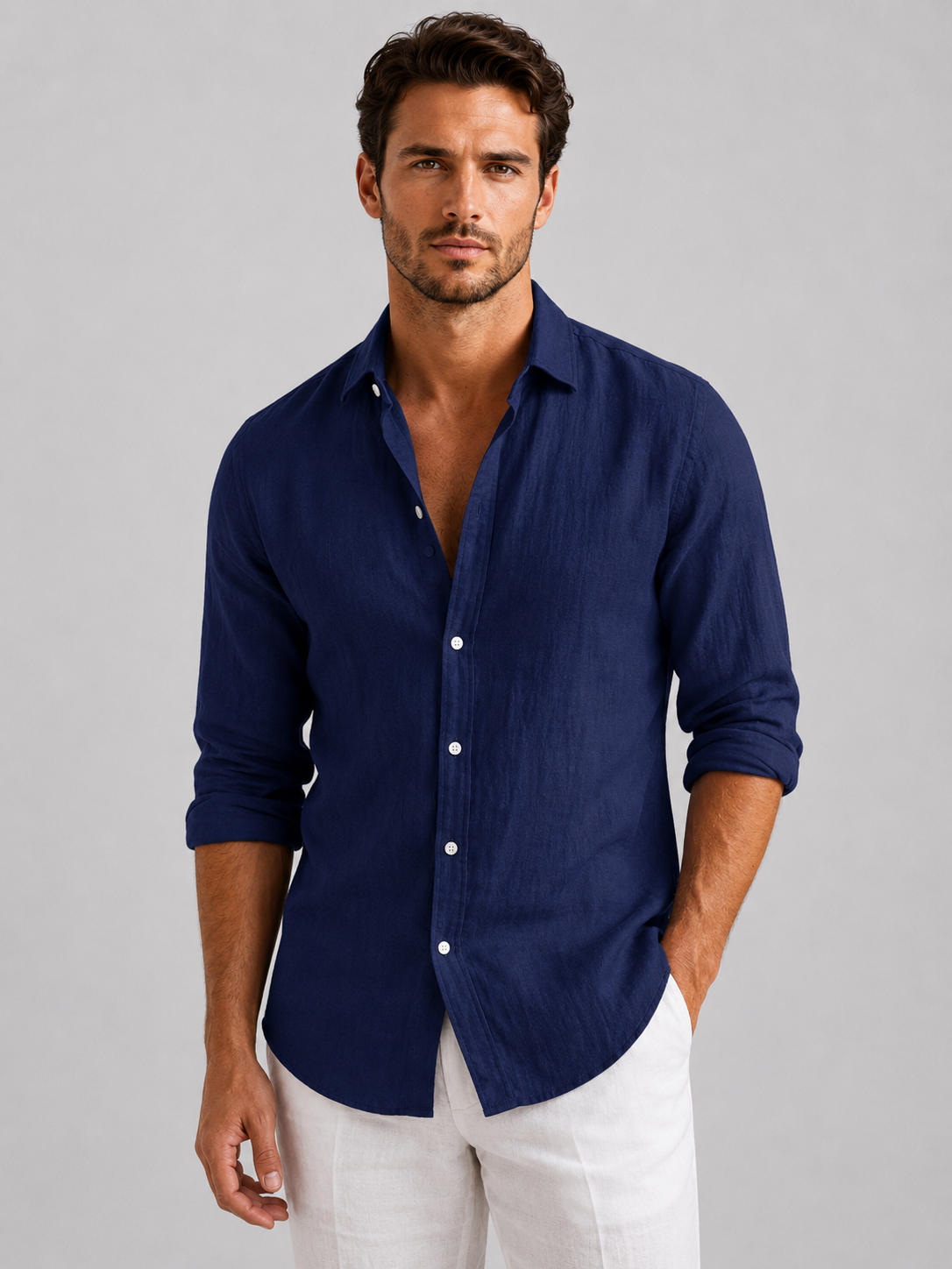 Men's Linen Look Relaxed Fit Button-Up Shirt