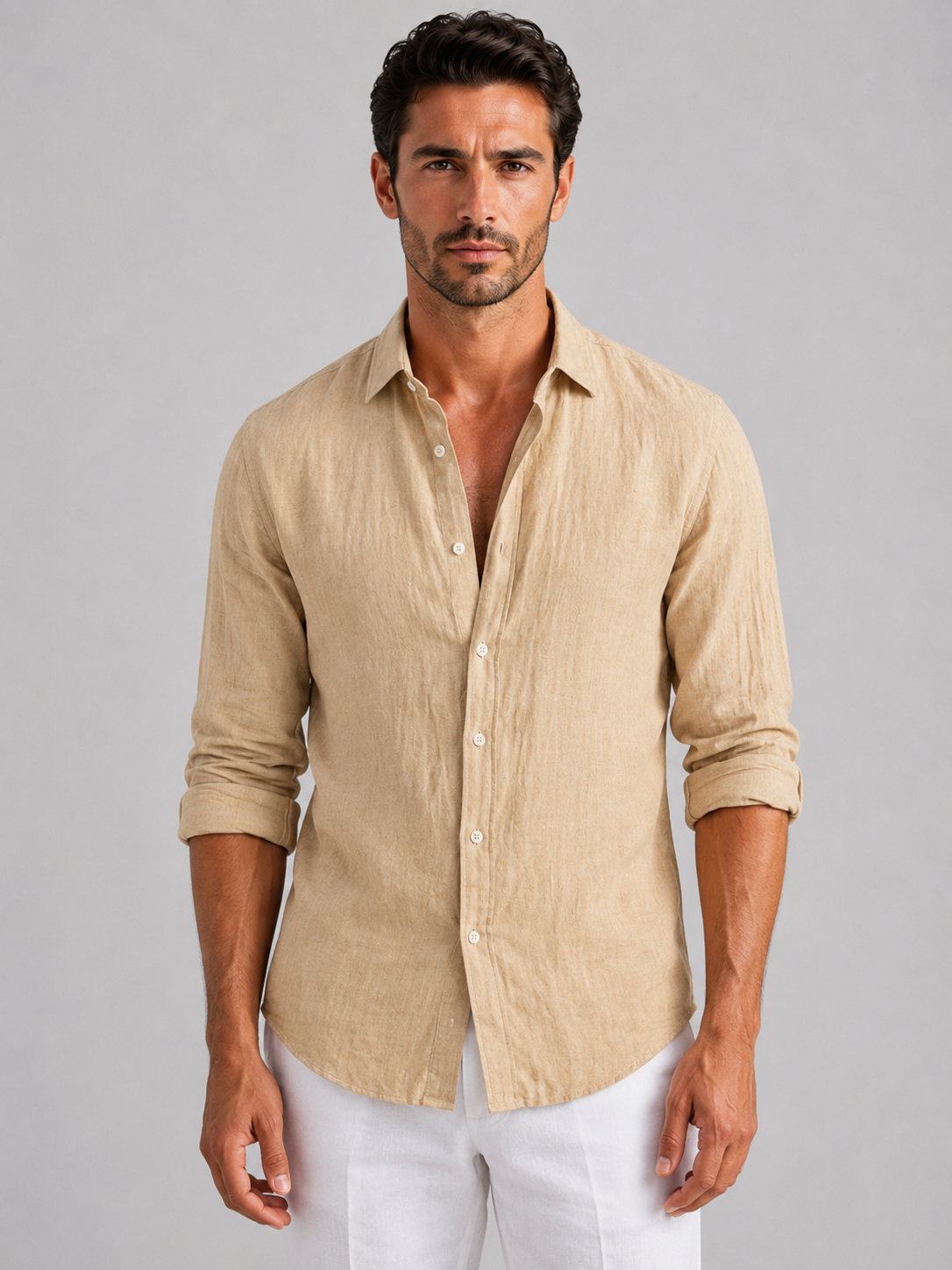 Men's Linen Look Relaxed Fit Button-Up Shirt