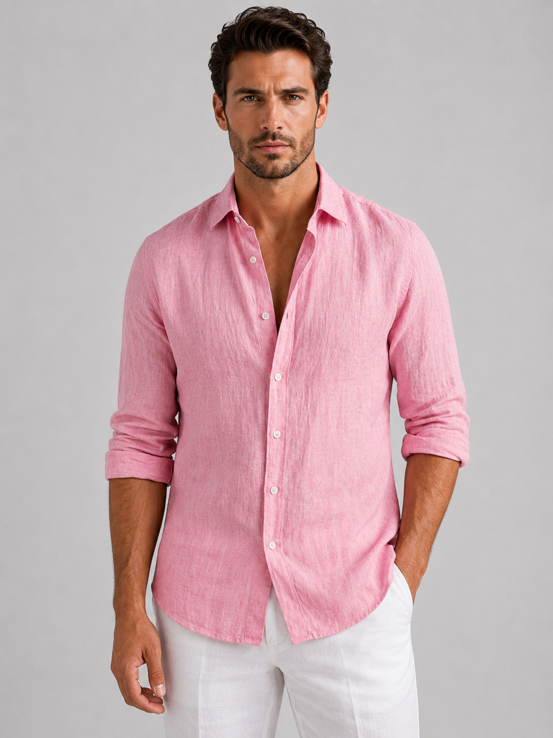 Men's Linen Look Relaxed Fit Button-Up Shirt
