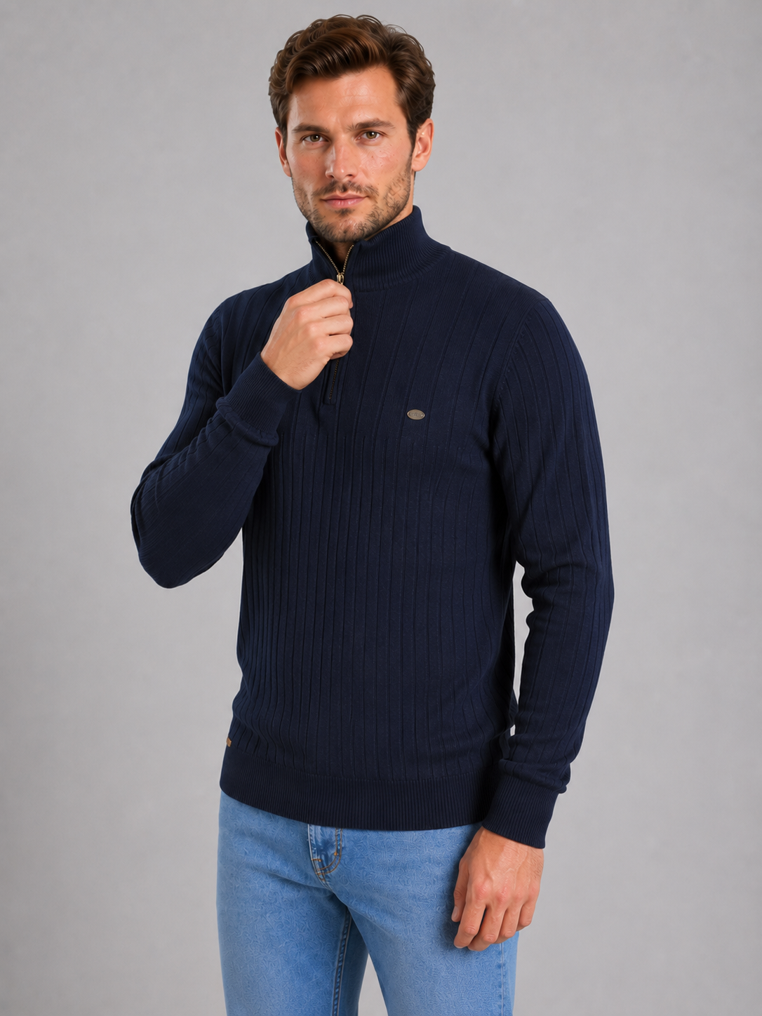 Men's Ribbed Quarter Zip Funnel Neck Jumper