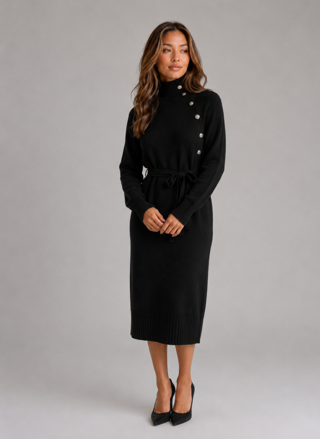 Women Knitted Midi Dress With Belt And Button Detail
