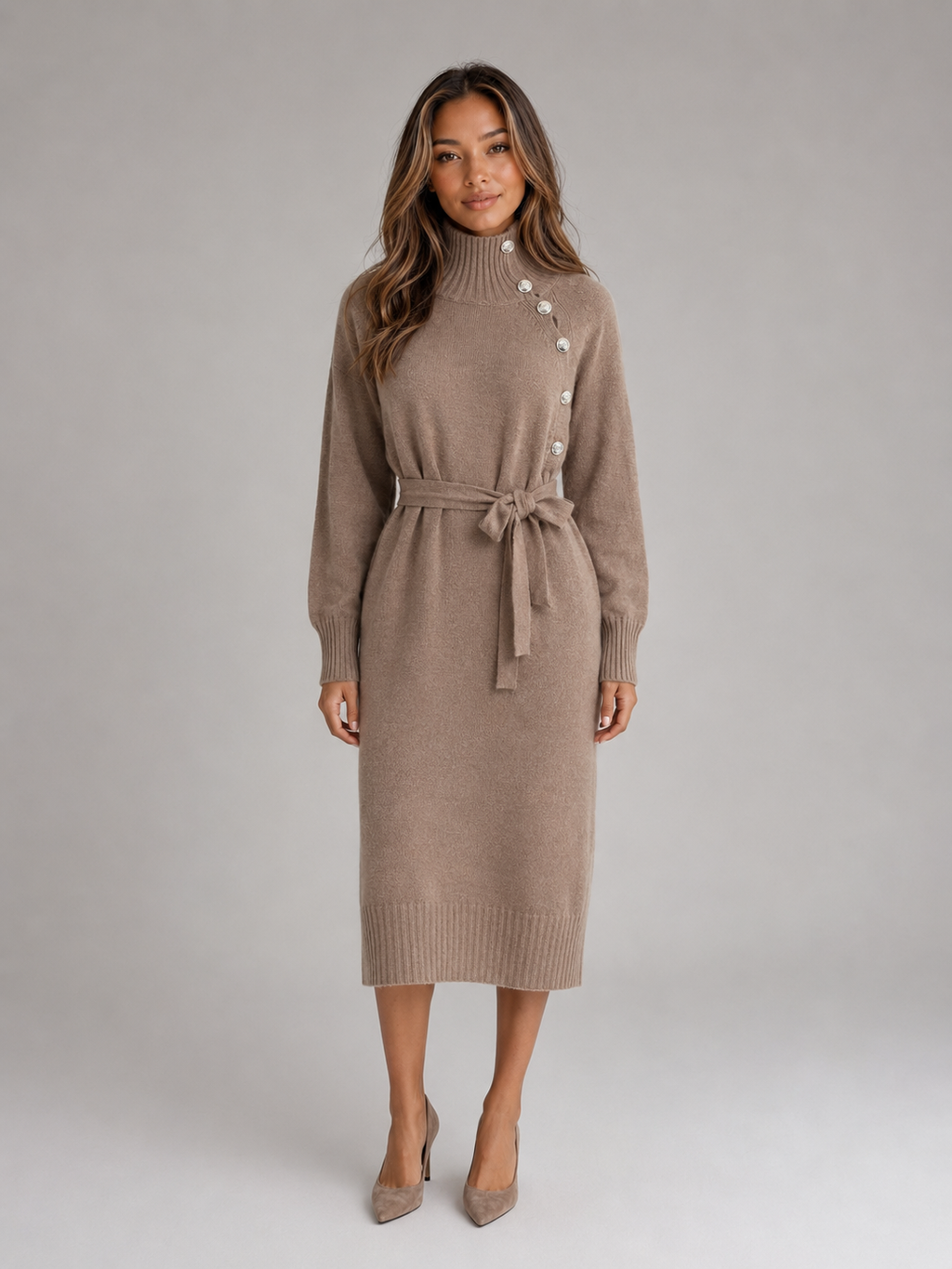 Women Knitted Midi Dress With Belt And Button Detail