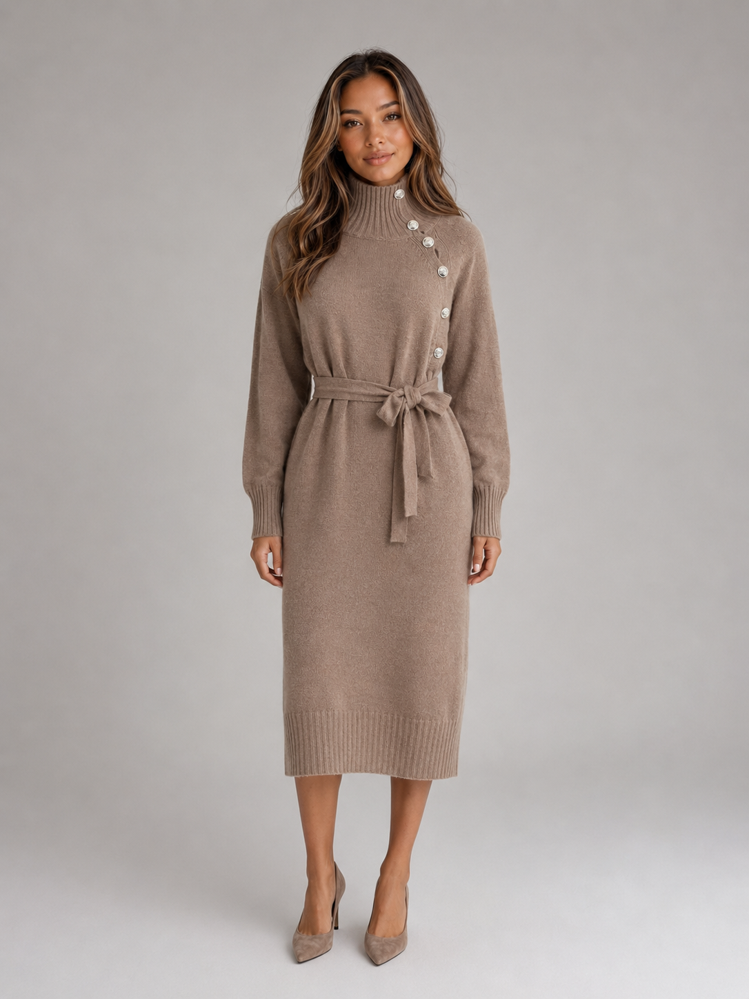 Women Knitted Midi Dress With Belt And Button Detail