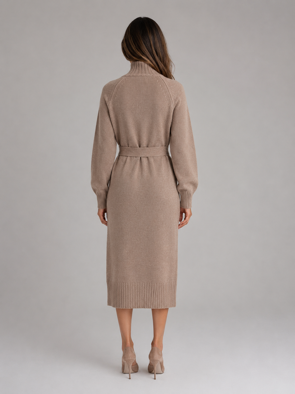 Women Knitted Midi Dress With Belt And Button Detail
