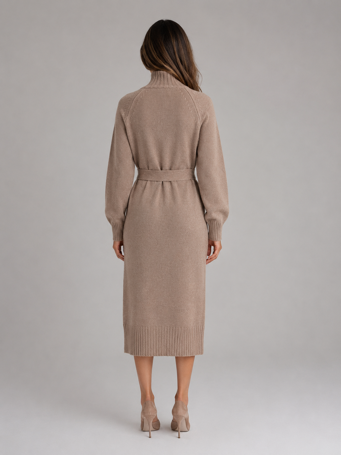 Women Knitted Midi Dress With Belt And Button Detail