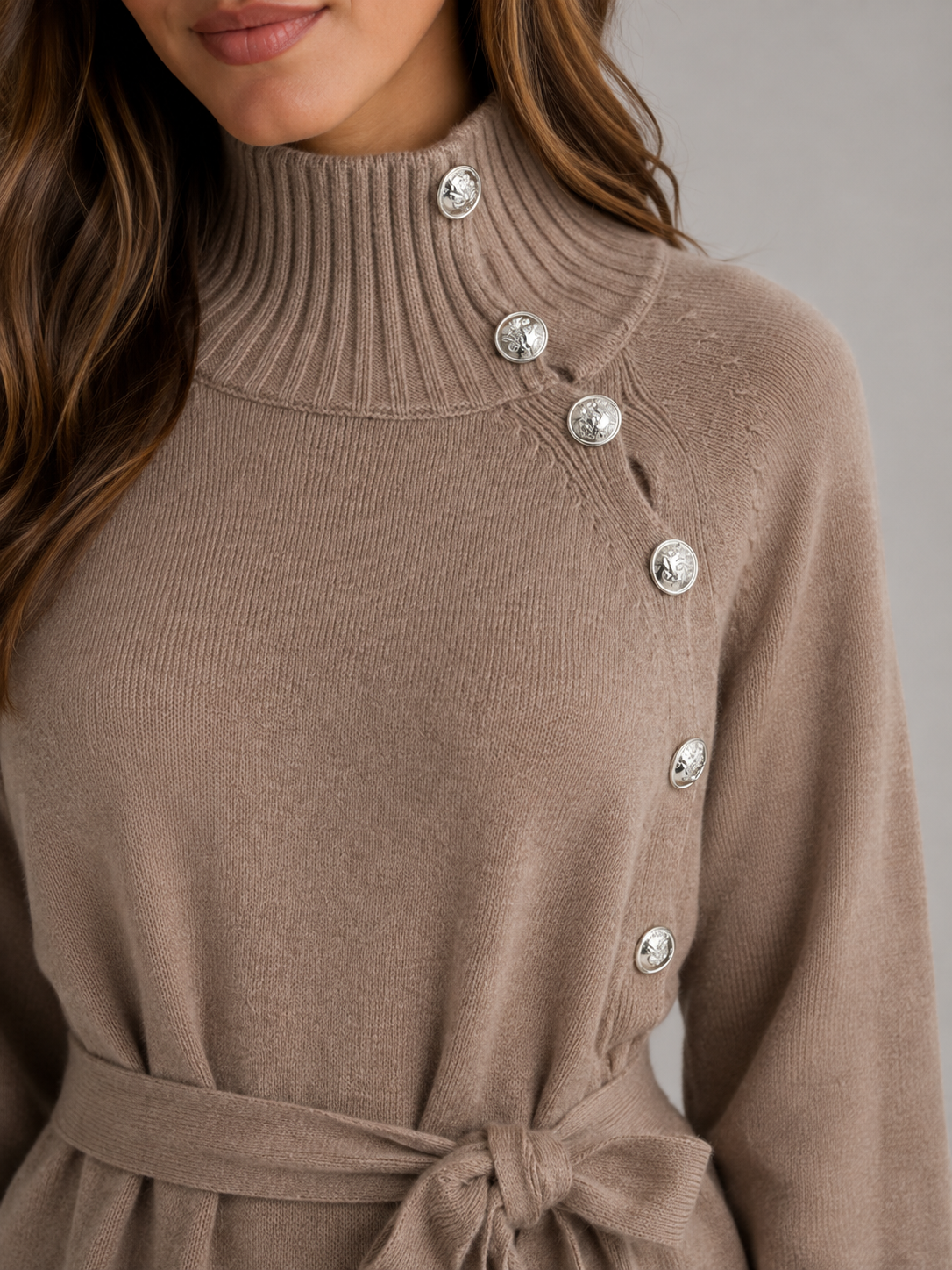 Women Knitted Midi Dress With Belt And Button Detail