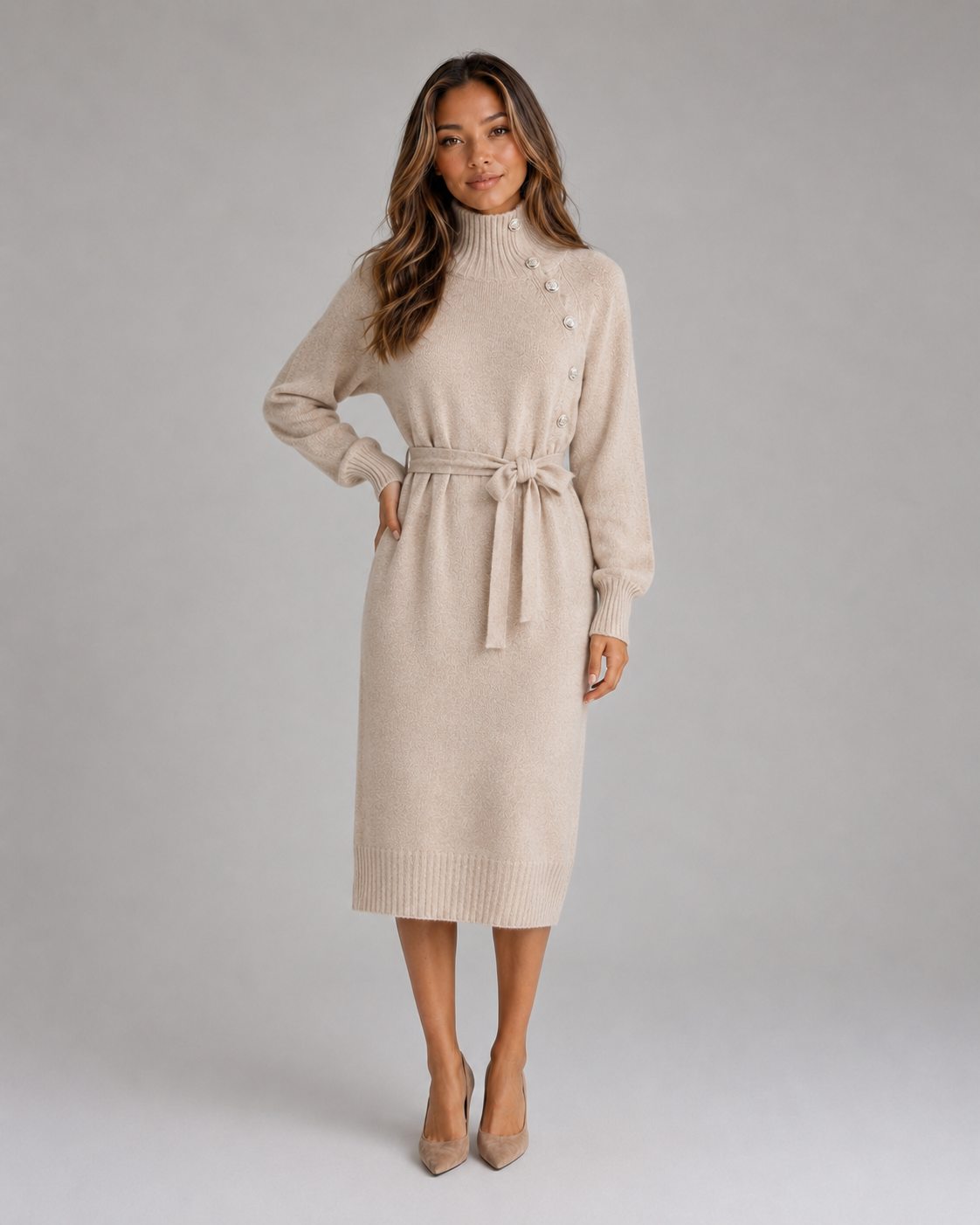 Women Knitted Midi Dress With Belt And Button Detail
