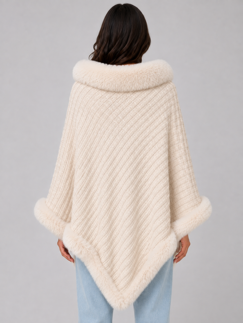 Women Cream Knitted Cape Coat With Faux Fur Trim