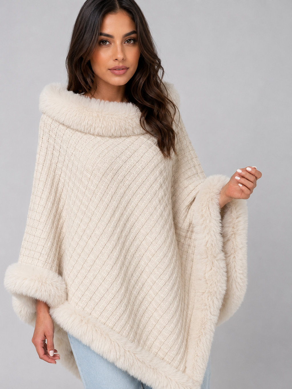 Women Cream Knitted Cape Coat With Faux Fur Trim