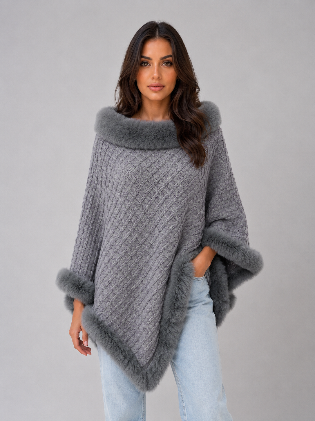 Women Cream Knitted Cape Coat With Faux Fur Trim