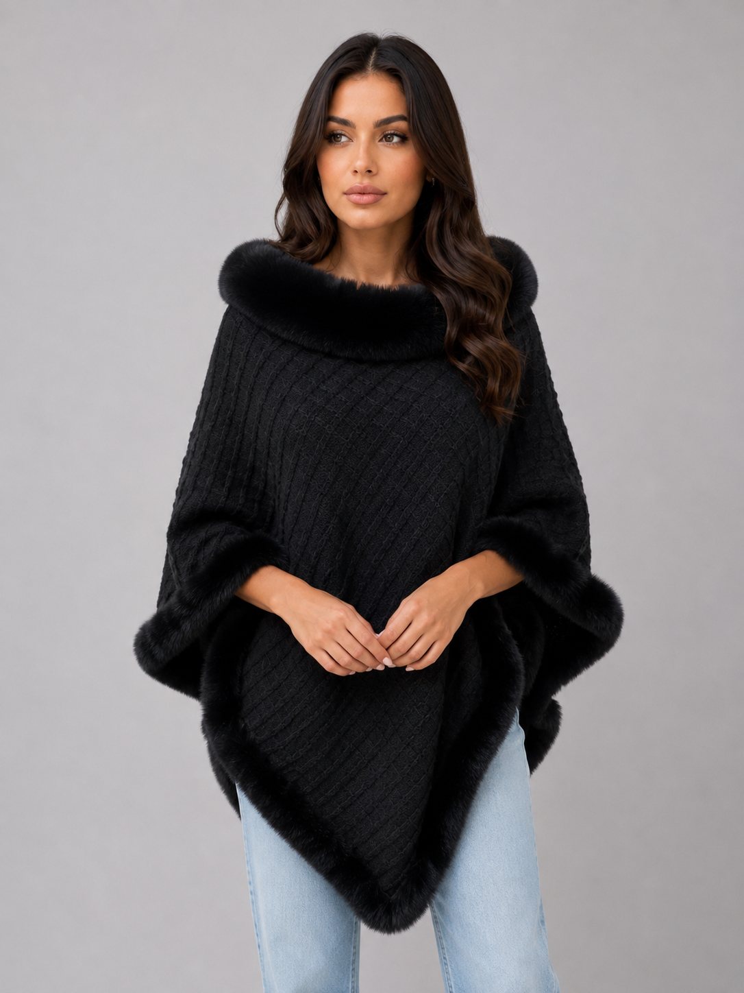 Women Cream Knitted Cape Coat With Faux Fur Trim