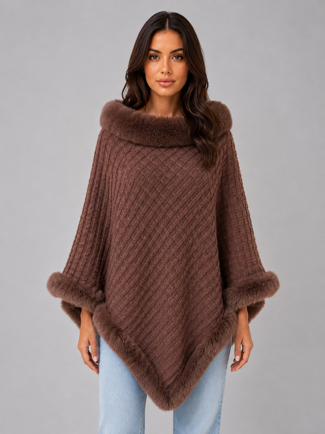 Women Cream Knitted Cape Coat With Faux Fur Trim