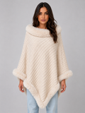 Women Cream Knitted Cape Coat With Faux Fur Trim