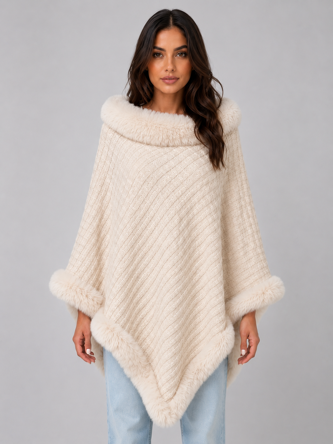 Women Cream Knitted Cape Coat With Faux Fur Trim