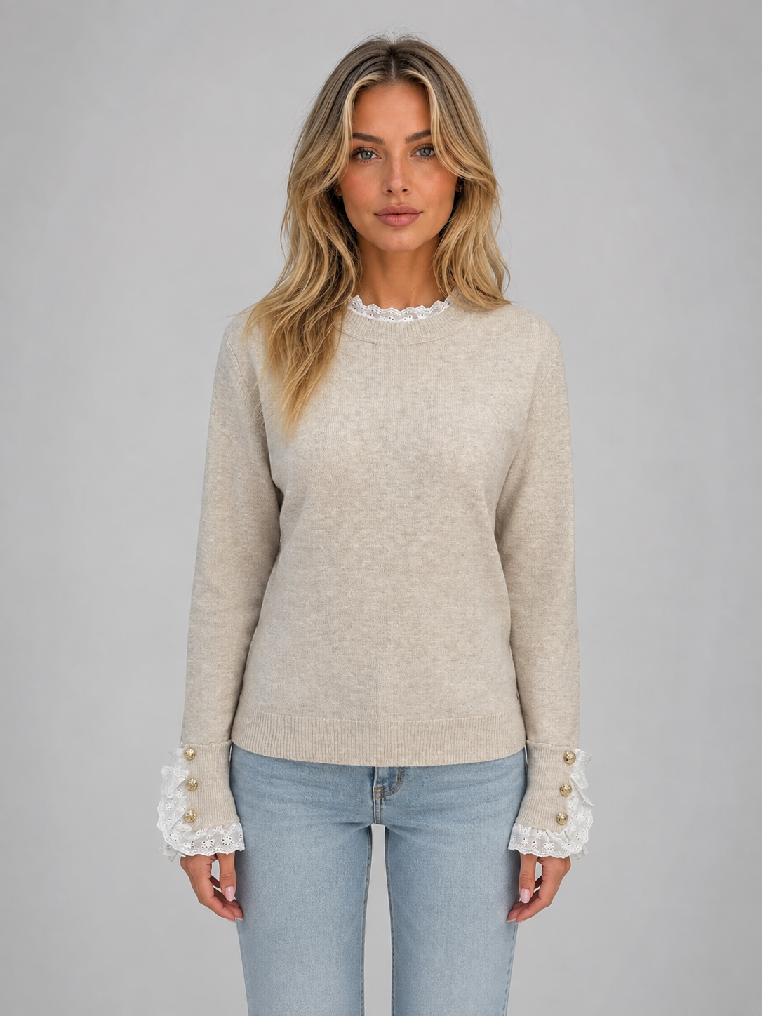 Women Beige Lace Trim Knitted Crew Neck Jumper Top