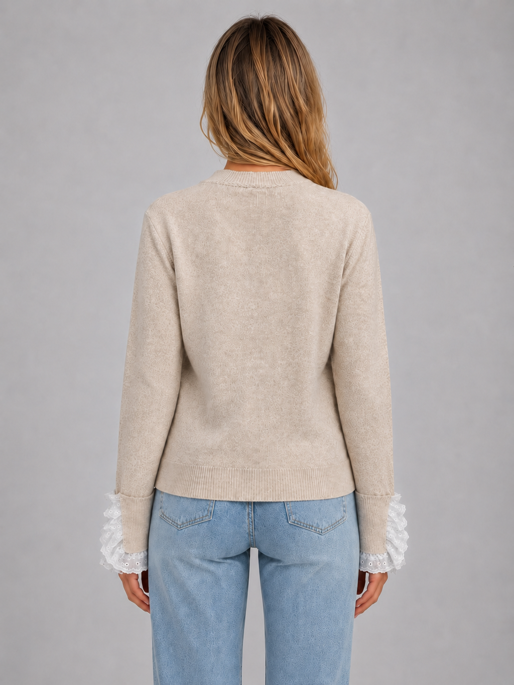 Women Beige Lace Trim Knitted Crew Neck Jumper Top